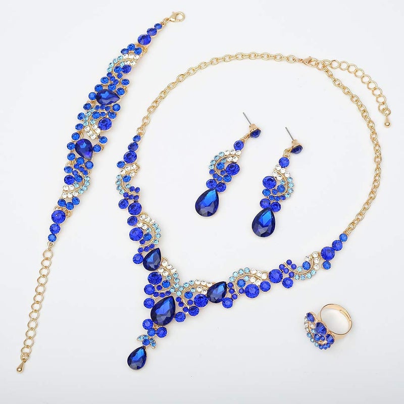 CSY 4 Pcs/Sets Elegant Crystal Necklace Earrings Bracelet Ring Bridal Wedding Costume Jewelry Sets for Brides Women Gifts (Royal Blue) - Image 2